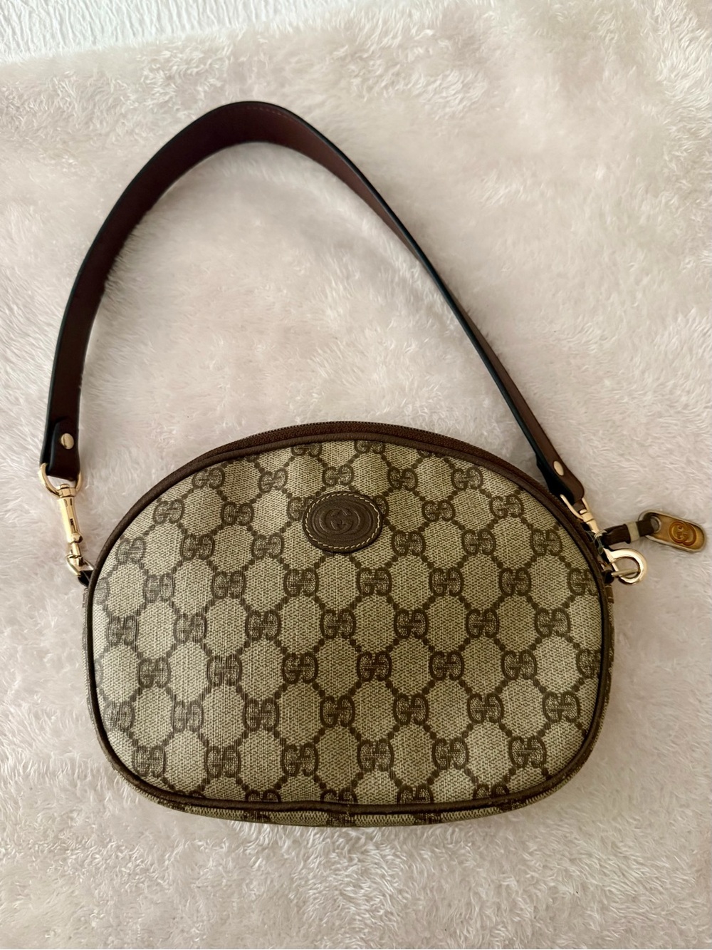 Gucci Beige and Brown GG Canvas Oval Shoulder Bag